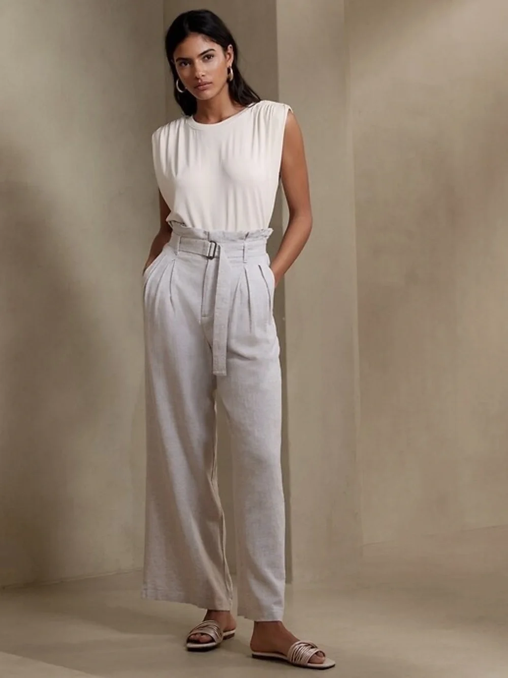 BANANA REPUBLIC Linen Blend Paperbag Wide Leg Pant High Rise Belt Size 10 - Picture 2 of 7